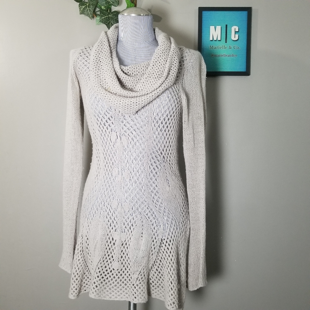 Anthropologie Beige Crochet Cowl Sweater Dress